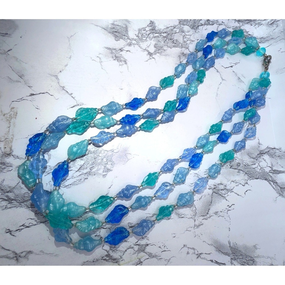 Blue Green Lucite Shell Bead Necklace 3 Strand 24 Inch Coastal Statement